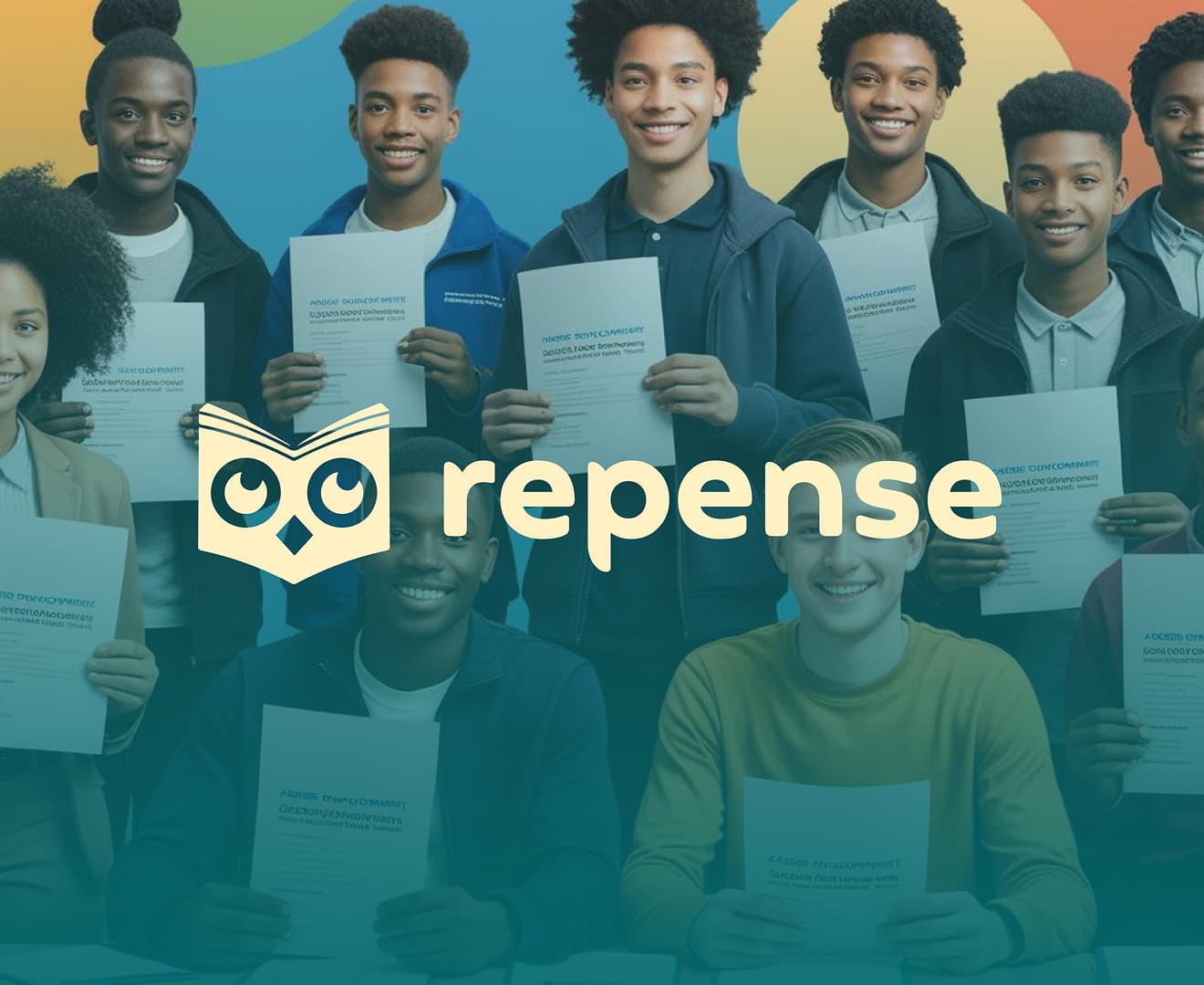 Um grupo de jovens sorrindo segurando um curriculo, com a logo da Repense em foco.
